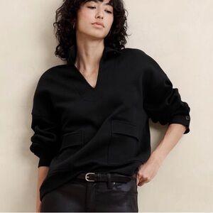 Banana Republic Scuba Johnny Collar Long Sleeve Patch Pocket Sweatshirt Black M
